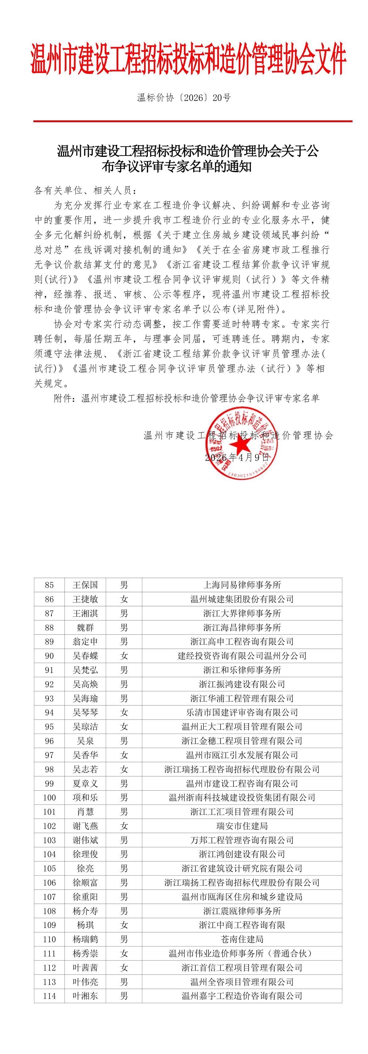 温州市建设工程招标投标和造价管理协会争议评审专家名单公示
