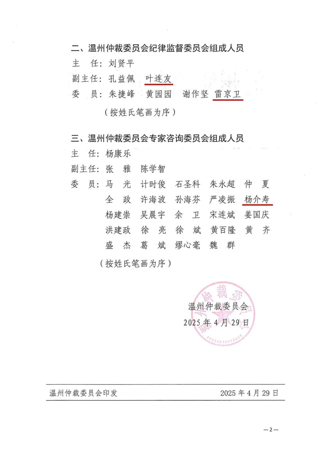温州仲裁委员会专家咨询委员会组成人员名单（杨介寿）