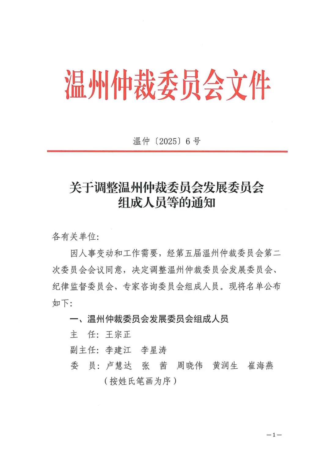 温州仲裁委员会文件：关于调整温州仲裁委员会发展委员会组成人员等的通知
